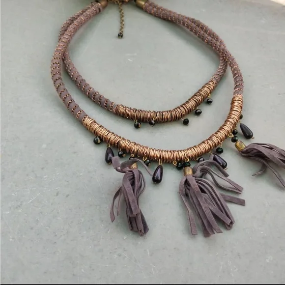 NWOT Grey Multilayer Necklace with Tassels - Picture 3 of 4